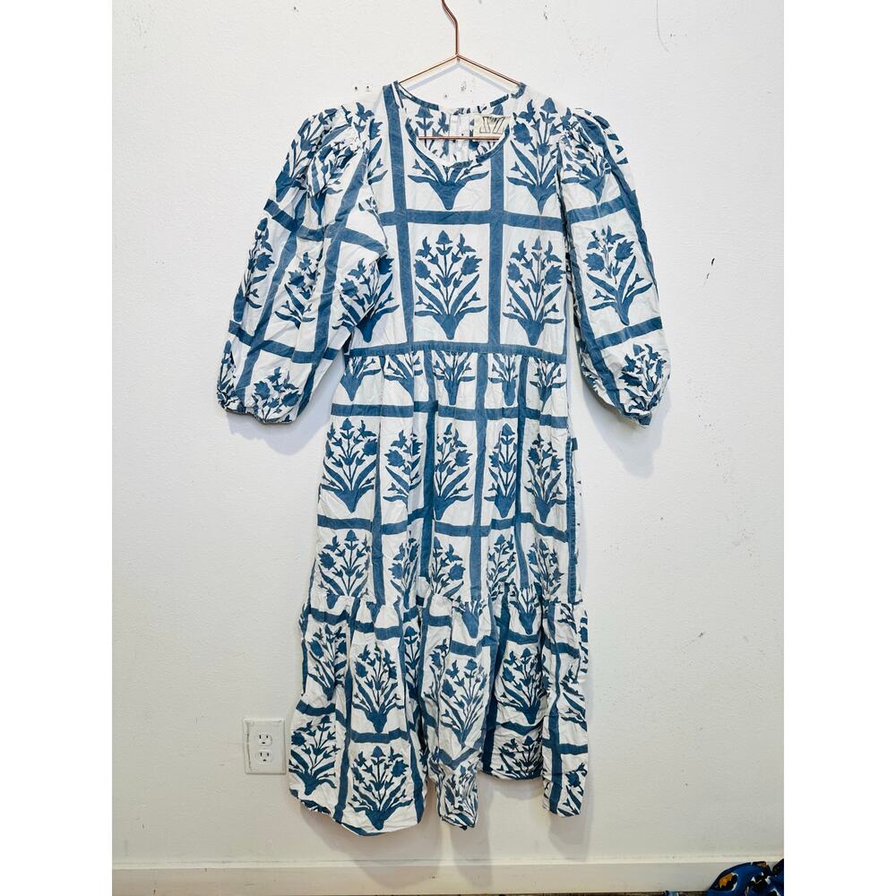 SZ BLOCKPRINTS Blue White Floral 100% Cotton Long Sleeve Orti A-Line Dress Small - Picture 7 of 16
